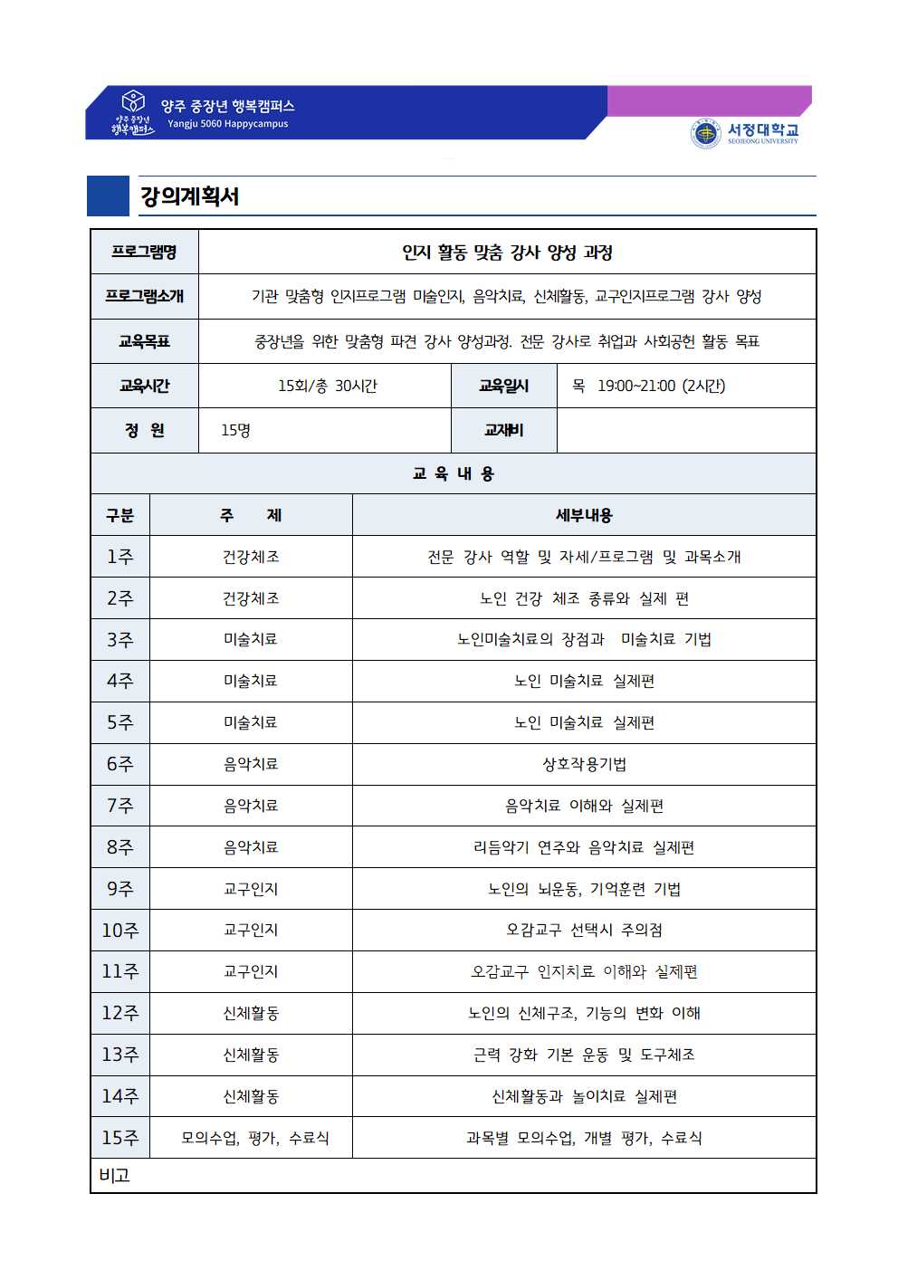 강의계획서 - 인지 활동 맞춤 강사 양성 과정