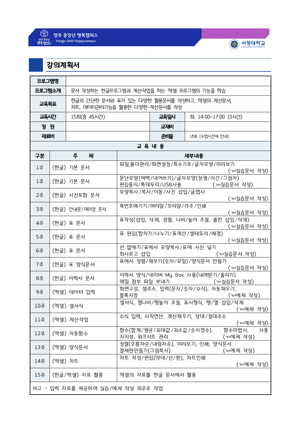 강의계획서 - 문서 작성하는 한글프로그램과 계산작업을 하는 엑셀 프로그램의 기능을 학습