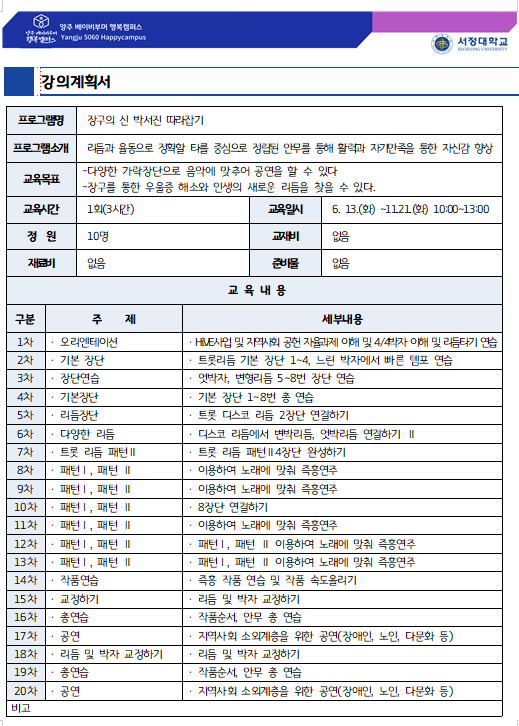 강의계획서 -프로그램명:장구의 신 박서진 따라잡기 -프로그램소개:리듬과 율동으로 정확할 타를 중심으로 정립된 안무를 통해 활력과 자기만족을 통한 자신감 향상 -교육목표:다양한 가락장단으로 음악에 맞추어 공연을 할 수 있다, 장구를 통한 우울증 해소와 인생의 새로운 리듬을 찾을 수 있다. -교육시간:1회(3시간) -교육일시:6.13.(화)~11.21(화) 10:00~13:00 -정원:10명 -교재비:없음 -재료비:없음 -준비물:없음 -교육내용: 1차 오리엔테이션 HVE사업 및 지역사회 공헌 자율과제 이해 및 4/4박자 이해 및 리듬타기 연습 2차 기본장단 트롯리듬 기본 장단 1~4, 느린 박자에서 빠른 템포 연습 3차 장단연습 엇박자,변형리듬 5~8번 장단 연습 4차 기본장단 기본 장단 1~8번 총 연습 5차 리듬장단 트롯 디스코 리듬 2장단 연결하기 6차 다영한 리듬 디스코 리듬에서 변박리듬,엇박리듬 연결하기 2 7차 트롯리듬패턴2 트롯 리듬 패턴2 4장단 완성하기 8차 패턴1,패턴2 이용하여 노래에 맞춰 즉흥연주 9차 패턴1 패턴2 이용하여 노래에 맞춰 즉흥연주 10차 패턴1,패턴2 8장단 연결하기 11차 패턴1,패턴2 이용하여 노래에 맞춰 즉흥연주 12차 패턴1,패턴2 패턴1,패턴2 이용하여 노래에 맞춰 즉흥연주 13차 패턴1,패턴2 패턴1,패턴2 이용하여 노래에 맞춰 즉흥연주 14차 작품연습 즉흥 작품 연습 및 작품 속도올리기 15차 교정하기 리듬 및 박자 교정하기 16차 총연습 작품순서,안무 총 연습 17차 공연 지역사회 소외계층을 위한 공연(장애인,노인,다문화 등) 18차 리듬 및 박자 교정하기 리듬 및 박자 교정하기 19차 총연습 작품순서, 안무 총 연습 20차 공연 지역사회 소외계층을 위한 공연(장애인,노인,다문화 등) 비고